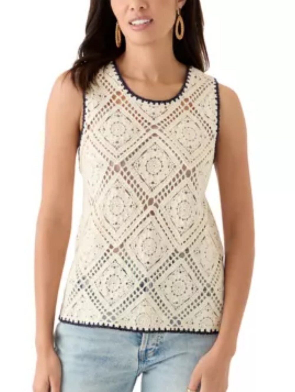 🌻221.Solitaire Bohemian Sleeveless Cream Crochet Shell Cotton Top  Black Trim